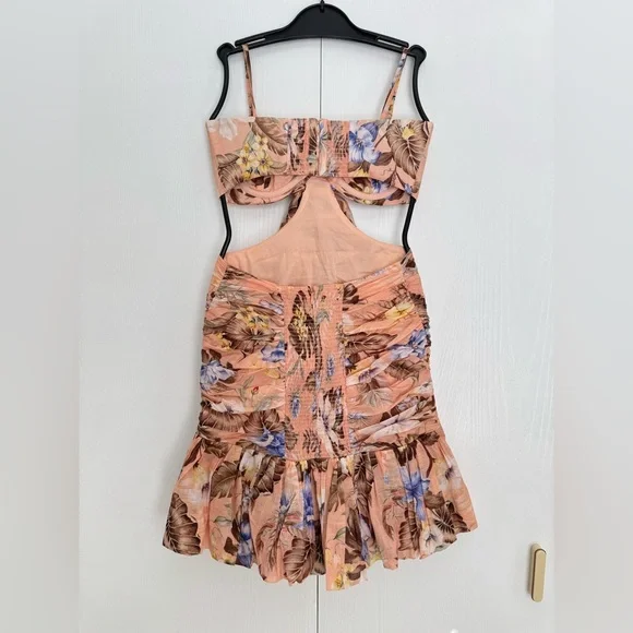 Zimmermann Coco Floral Print Bow Detail Mini Dress Peach Multi Various Size - Picture 6 of 16